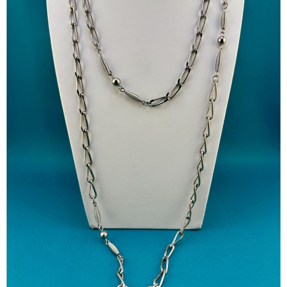Vintage Chain Necklace Silver Tone Hammered Oval Link Tube Station Bead 51"